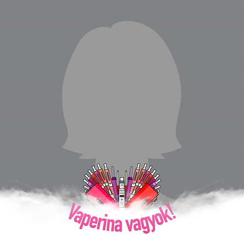 Az oldal tetején egy szürke, emberi fej és vállak sziluettje látható, alatta különböző e-cigaretta eszközökből összeállított szív forma, és az alsó részén a "Vaperina vagyok!" felirat pink színnel. (Feliratozva AI-val)