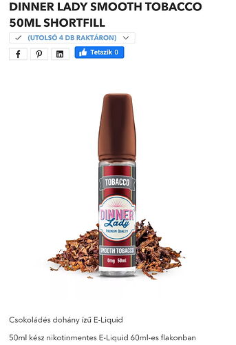 The image shows a bottle of "Dinner Lady Smooth Tobacco" flavored e-liquid with a chocolate tobacco taste, which is 50ml in quantity, nicotine-free. (Captioned by AI)