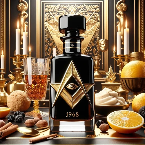 An elegant black bottle of drink with gold geometric markings, surrounded by candles, fruits, and desserts in a luxurious setting. (Subtitled by AI)