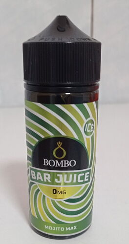 A képen egy Bombo Bar Juice Mojito Max ízű, 0 mg nikotintartalmú, ICE jelzésű folyadék palack látható. (Feliratozva AI-val)