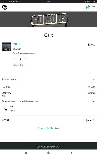 L'image montre un panier d'achat en ligne contenant un article nommé MD-01 avec un prix de 55 , pour un total de 75 $. (Légendé par IA)