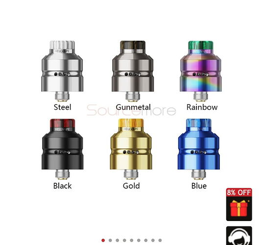 Sur la photo, six atomiseurs Hellvape de différentes couleurs sont visibles, disponibles dans les nuances Steel, Gunmetal, Rainbow, Black, Gold et Blue. (Légendé par IA)