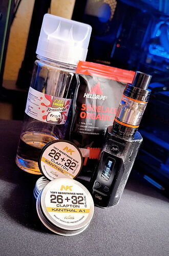 Various vape supplies, including e-liquid bottles, organic cotton, coil wires, and an electronic cigarette on a table. (Caption by AI)