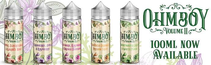 The OHMBOY Volume II e-liquid range showcases five different flavors, available in 100ml bottles. (Subtitled by AI)