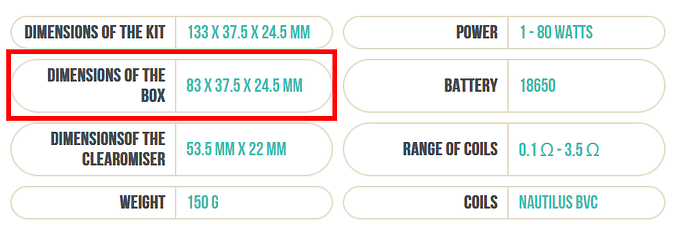 Az image egy termék specifikációját mutatja be, amely tartalmazza a doboz méreteit (83 x 37,5 x 24,5 mm) kiemelve a piros keretben. (Feliratozva AI-val)