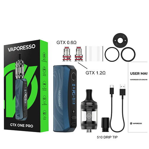 A képen a Vaporesso GTX One Pro elektromos cigi készletének doboza, maga a készülék, két különböző ellenállás (GTX 0.6Ω és GTX 1.2Ω), tartalék üveg, tömítések, USB töltőkábel, 510 drip tip és használati útmutató látható. (Feliratozva AI-val)