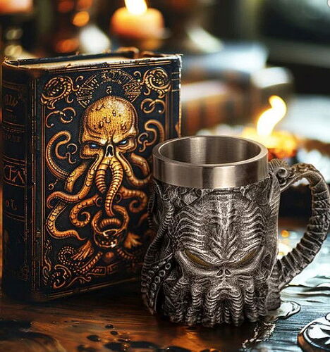L'image représente un livre orné de motifs de tête de mort et de poulpes, ainsi qu'une tasse horrifique de style gothique, richement détaillée avec des incrustations métalliques. Les objets sont présentés dans un environnement éclairé à la bougie. (Légendé par IA)