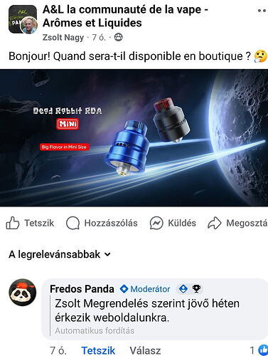 This is a Facebook post where someone is interested in the availability of the Dead Rabbit RDA Mini vape device, and a moderator replies that it will arrive on their website next week. (Subtitled by AI)