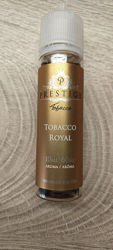 Une image montre un flacon d'arôme "Prestige Tobacco Royal" avec une étiquette brune, d'une capacité de 10 ml (60 ml). (Légendé par IA)