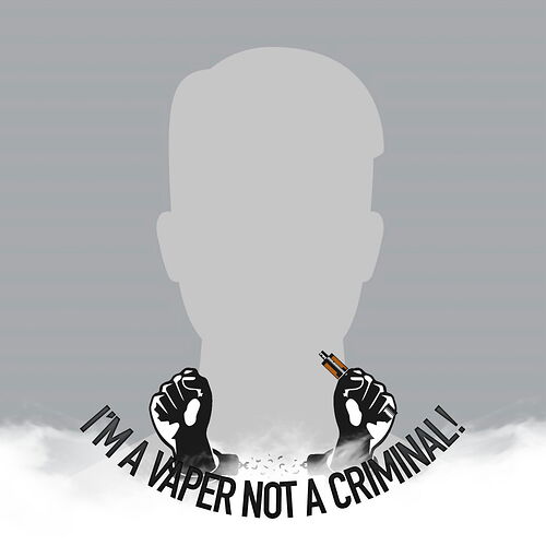 Egy szürke háttér előtt fekete kézzel szimbolizált bilincsban tartott karok láthatók, az egyik kézben egy e-cigaretta van, alatta pedig az "I'M A VAPER NOT A CRIMINAL!" felirat olvasható. (Feliratozva AI-val)