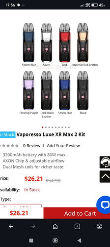 Vaporesso Luxe XR Max 2 Kits in different colors are shown, with prices and technical specifications listed. (Subtitled by AI)