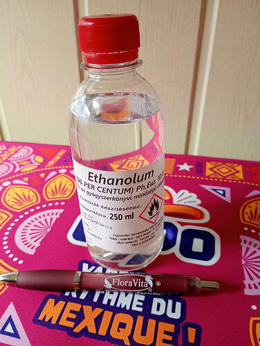 Une bouteille en plastique à bouchon rouge contenant une solution de 250 ml d'éthanol (alcool) est visible, posée sur une surface colorée et texturée, avec un stylo FloraVita placé devant elle. (Légendé par IA)