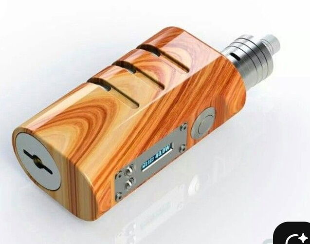 Un petit appareil de cigarette électronique avec un boîtier effet bois, visible sur un fond blanc épuré. (légendé par IA)