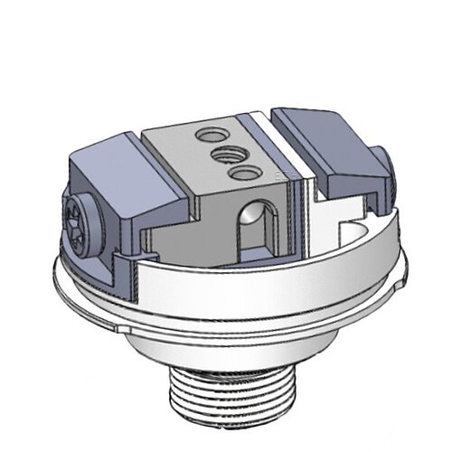 Cette image représente une pièce métallique avec un connecteur fileté et deux supports de vis. (Légendé par IA)
