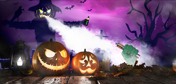 Egy Halloween témájú kép, amelyen világító tökfejek, denevérek, egy ijesztő szellem, és egy zöld kéz, amely füstöt fúj egy elektromos cigarettából, látható egy sötét, ködös temetői környezetben. (Feliratozva AI-val)