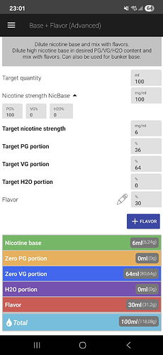 The application shows the ingredients and proportions required for preparing a 100 ml nicotine e-liquid mixture, according to PG, VG, water, and flavor. (Subtitled with AI)