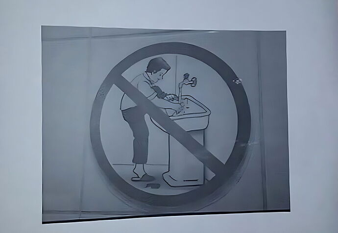 A képen egy figyelmeztető tábla látható, amely tiltja a kézmosást vagy a mosdó használatát. (Feliratozva AI-val)