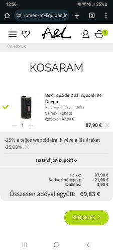 Dans le panier se trouve une Box Topside Dual Squonk V4 Dovpo noire à 87,90 €, dont 25 % de réduction ont été appliqués, soit un prix total avec livraison de 69,83 €. (Sous-titré par IA)