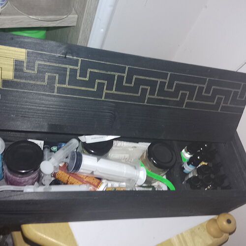 Une boîte noire ouverte est visible, contenant divers objets tels que des seringues, des bouteilles et des bocaux. (Captionné par IA)