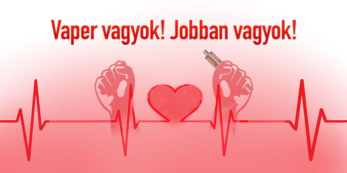 A képen piros szívformájú szívverésvonal és két ököl látható, az egyikben elektromos cigi van, felette a „Vaper vagyok! Jobban vagyok!” felirat olvasható. (Feliratozva AI-val)