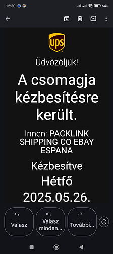 This message informs that a package arriving from PACKLINK SHIPPING CO EBAY ESPANA was delivered by UPS on Monday, May 26, 2025. (Subtitled by AI)
