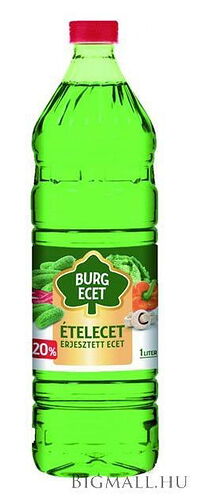Une bouteille en plastique verte contenant du vinaigre fermenté à 20 %, avec un bouchon rouge et une étiquette verte ornée de légumes. (Légendé par IA)