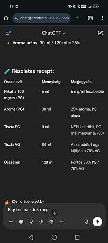 Az kép egy e-liquid keverési receptjét mutatja be, amely 120 ml folyadékból áll, 25% aroma aránnyal, 6 mg/ml nikotintartalommal és 30% PG / 70% VG aránnyal. (Feliratozva AI-val)