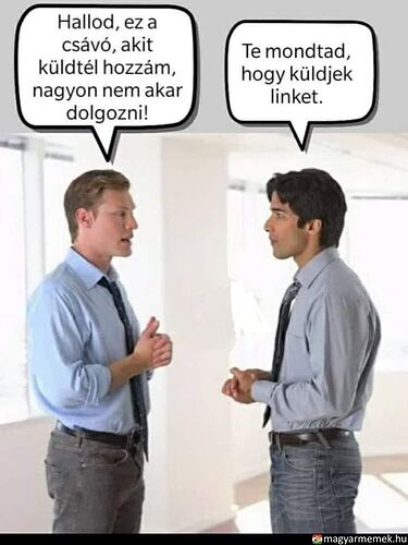 Two men are talking, one complains that the person sent by the other doesn't want to work, to which the other says that he sent a link, not a person. (AI-subtitled)