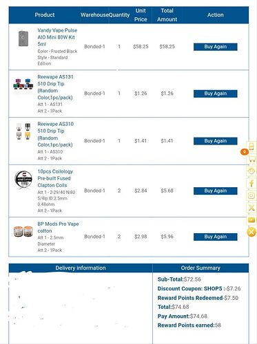 Az képernyőképen egy vásárlási lista látható e-cigaretta kiegészítőkkel, árakkal és összegzéssel, valamint a Buy Again gombokkal az egyes termékek mellett. (Feliratozva AI-val)