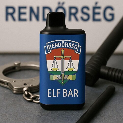 Sur l'image, on voit une cigarette électronique nommée "ELF BAR", étiquetée avec le drapeau hongrois et l'inscription "Rendőrség" (Police). Derrière, il y a une paire de menottes et une matraque en caoutchouc. (Légendé par IA)