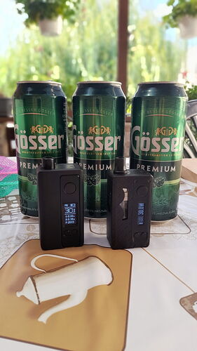 Trois canettes de bière Gösser vertes et deux appareils de vapotage noirs sont visibles sur une table, devant un fond de végétation verte. (Légendé par IA)