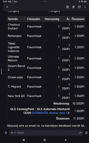 La capture d'écran montre une liste de commande qui contient le nom, le numéro d'article, la quantité, le prix et la somme de divers produits de type Flavorhook, ainsi que les frais de livraison et le total final. (Sous-titré par IA)