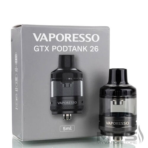A képen egy Vaporesso GTX PodTank 26 vape porlasztó látható a dobozával együtt, amely 5 ml-es kapacitással rendelkezik. (Feliratozva AI-val)
