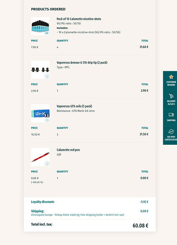 L'image montre une liste de commande d'achat en ligne contenant des shots de nicotine, un drip tip Vaporesso et des résistances, ainsi qu'un stylo rouge offert, pour un total de 60,08 euros. (Légendé par IA)