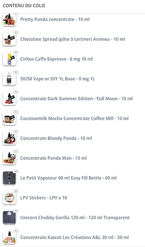 The image shows the contents of an e-liquid and concentrate package with different flavors, base liquids, bottles, and stickers. (Labeled by AI)