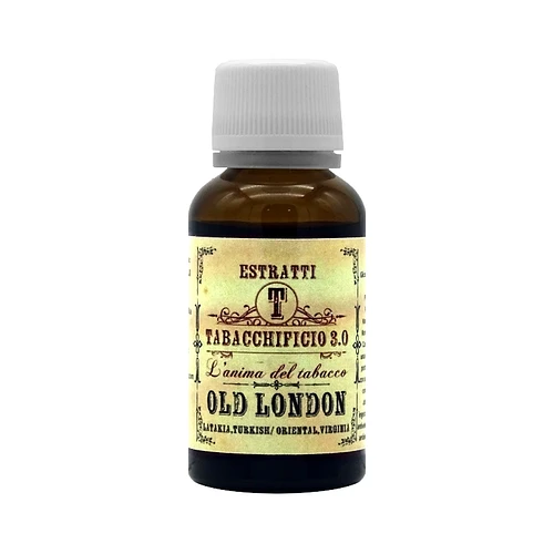 The image depicts a brown glass bottle with the inscription "Tabacchificio 3.0" and the name "Old London", with tobacco extract. (Labeled by AI)