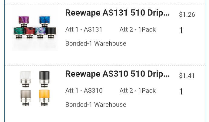 The image shows two different types of Reewape 510 drip tips in different colors and prices. (Labeled by AI)