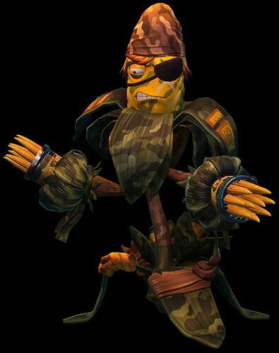 A képen egy álcázott katonaruhás, egy szemedet takaró szemüveges, karókból és levelekből álló ijesztő madár vagy teremtmény látható. (Feliratozva AI-val)