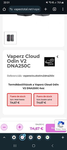 This image shows an online store page displaying the vape device called "Vaperz Cloud Odin V2 DNA250C" in a matte black or satin finish, priced at €114.67, currently out of stock. (Autogenerated by AI)