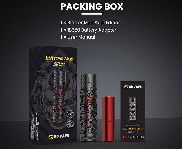 A kép egy Blaster Mod Skull Edition vape készülék csomagolását és tartalmát mutatja, amely tartalmaz egy Blaster Mod Skull Edition készüléket, egy 18650 akkumulátor adaptert és egy használati útmutatót. (Feliratozva AI-val)