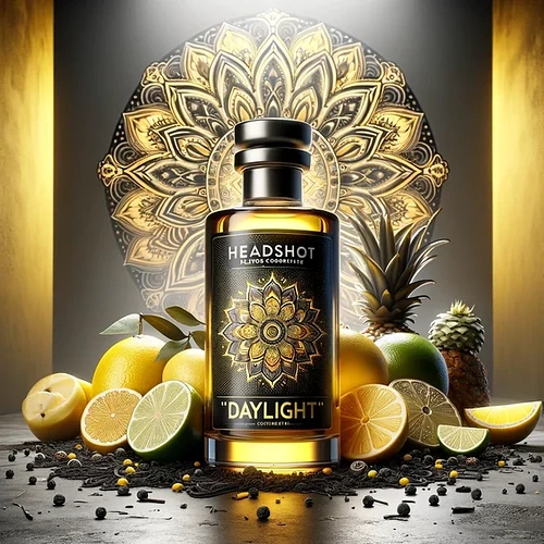 A perfume bottle with various citrus fruits and spices arranged in front of it, with an ornate mandala motif in the background. (Subtitled by AI)