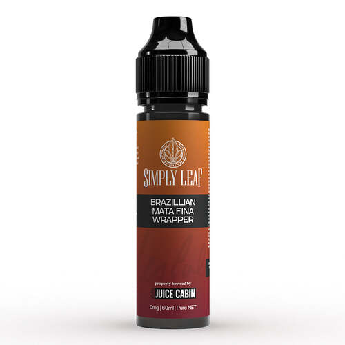 This image depicts a 60ml juice bottle with a brown-black color scheme and a "Brazilian Mata Fina Wrapper" label from the Simply Leaf brand. (Subtitled by AI)