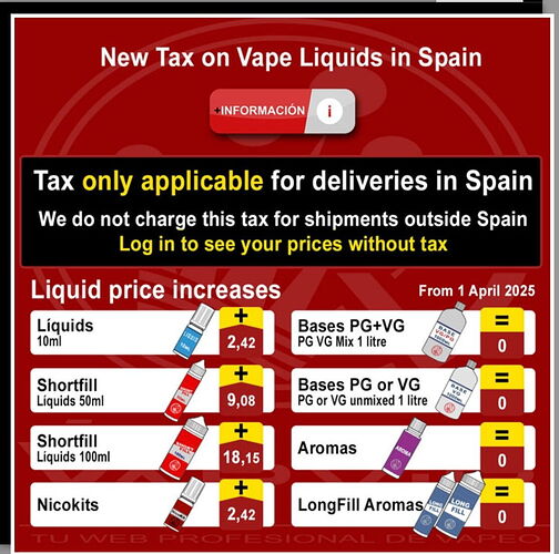 The figure shows that from April 1, 2025, a new tax will be introduced in Spain on e-cigarette liquids, which applies only to shipments within Spain, and details the price increases for individual products. (Subtitled with AI)