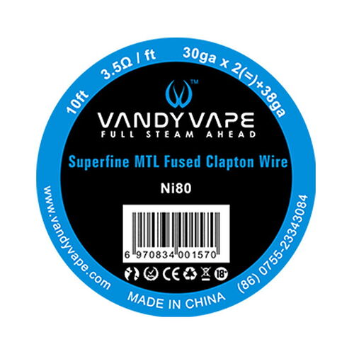 This image shows the label of a Vandy Vape branded Superfine MTL Fused Clapton Wire spool, made of Ni80 material, 10 feet long, with a resistance of 3.5 ohm per foot. (Captioned by AI)
