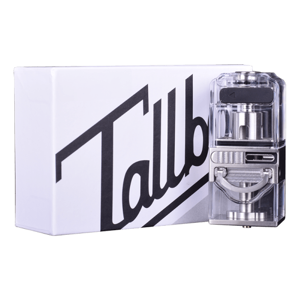 A clear, metal-accented tobacco or vaporizer tank next to a white box with the inscription Tallb. (Labeled by AI)