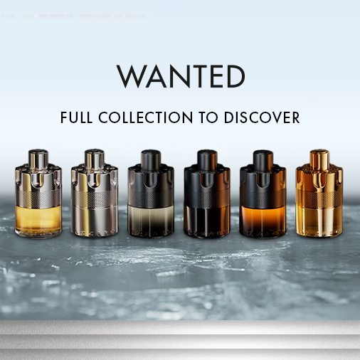 La photo montre six bouteilles de parfum de différentes couleurs et motifs avec l'inscription « WANTED FULL COLLECTION TO DISCOVER ». (Sous-titré par IA)